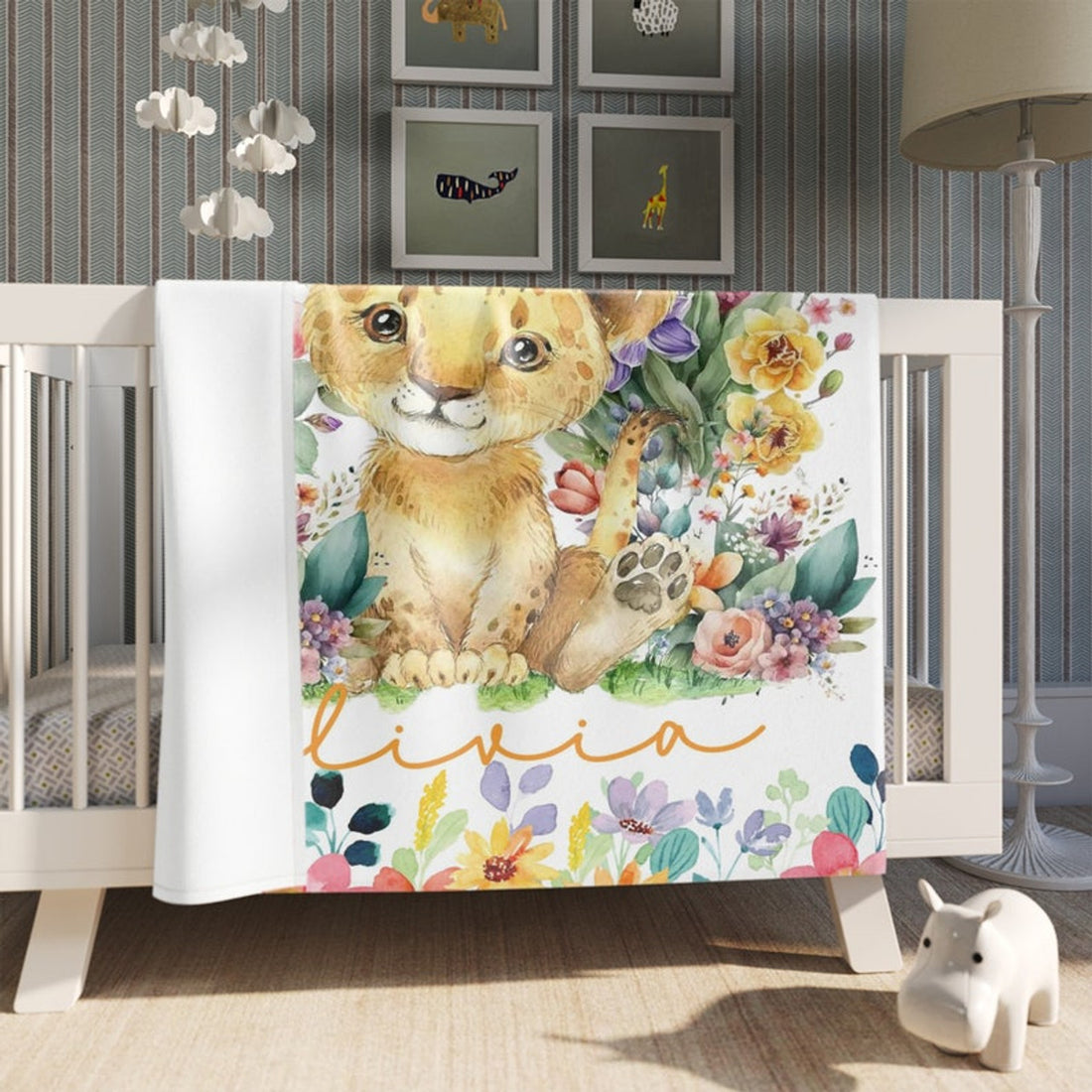 FUNSTUFFPRINT Custom  Colorful Floral Nursery Blanket, Little Lion Baby Blanket, Personalized Forest Animal Blanket, Kids Custom Name Blanket, Baby Shower Gift