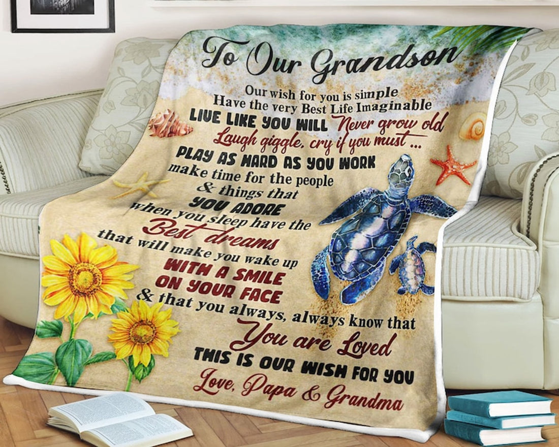 FUNSTUFFPRINT Sunflower Old turtles in the beach fleece blanket to our grandson you are loved this is our wish for you love papa and grandma, gift for son