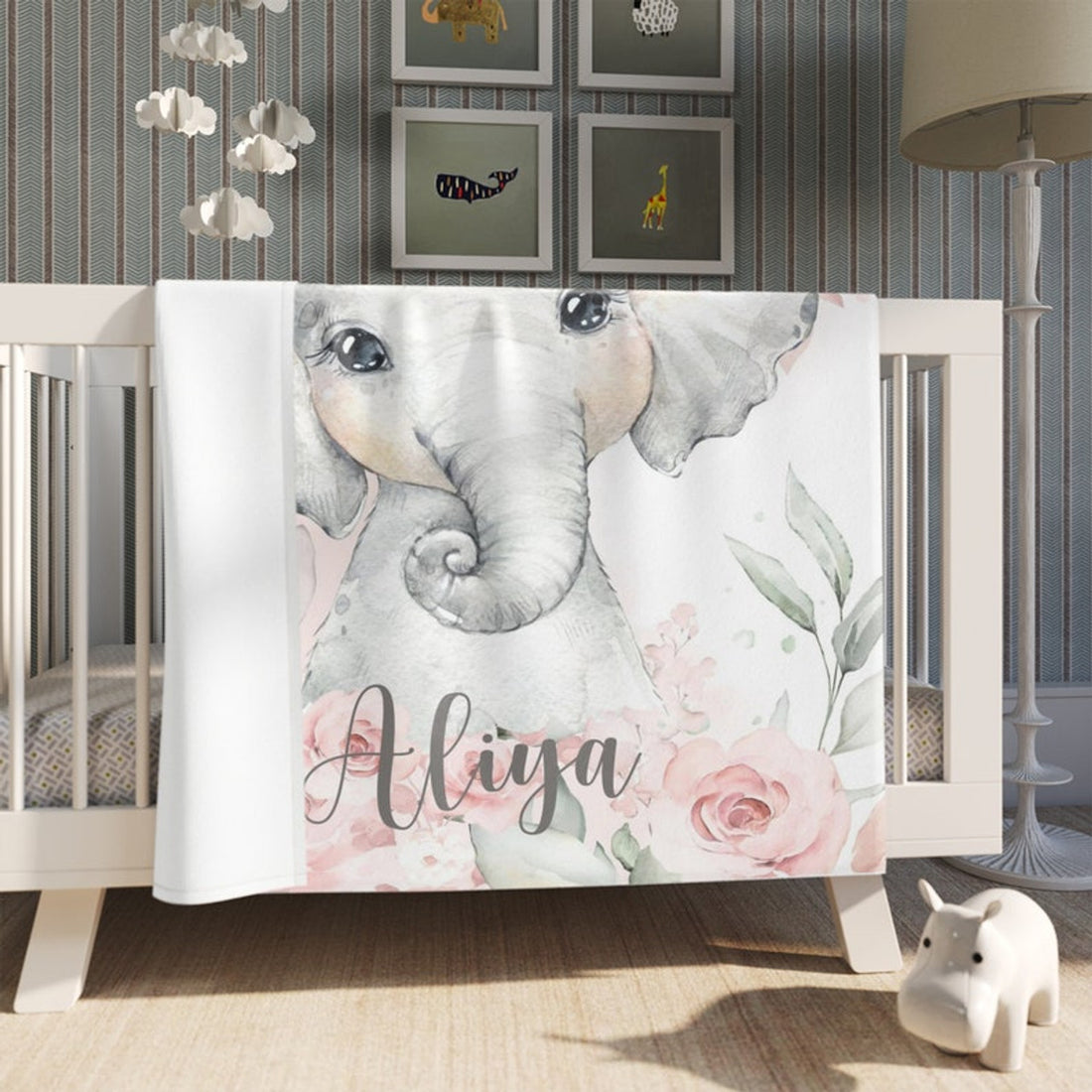 FUNSTUFFPRINT Custom  Baby Elephant Blanket, Pink Floral Elephant Nursery Blanket, Rose Flowers Girl Blanket, Kids Custom Blanket, Baby Shower Gift