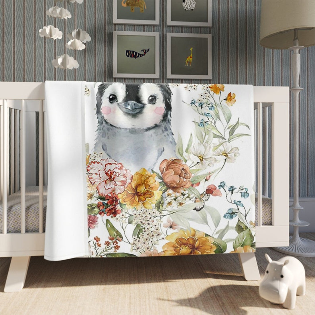 FUNSTUFFPRINT Custom  Spring Floral Penguin Nursery Blanket, Personalized Baby Animal Blanket, Jungle Baby Blanket Kids Custom Name Blanket Baby Shower Gift