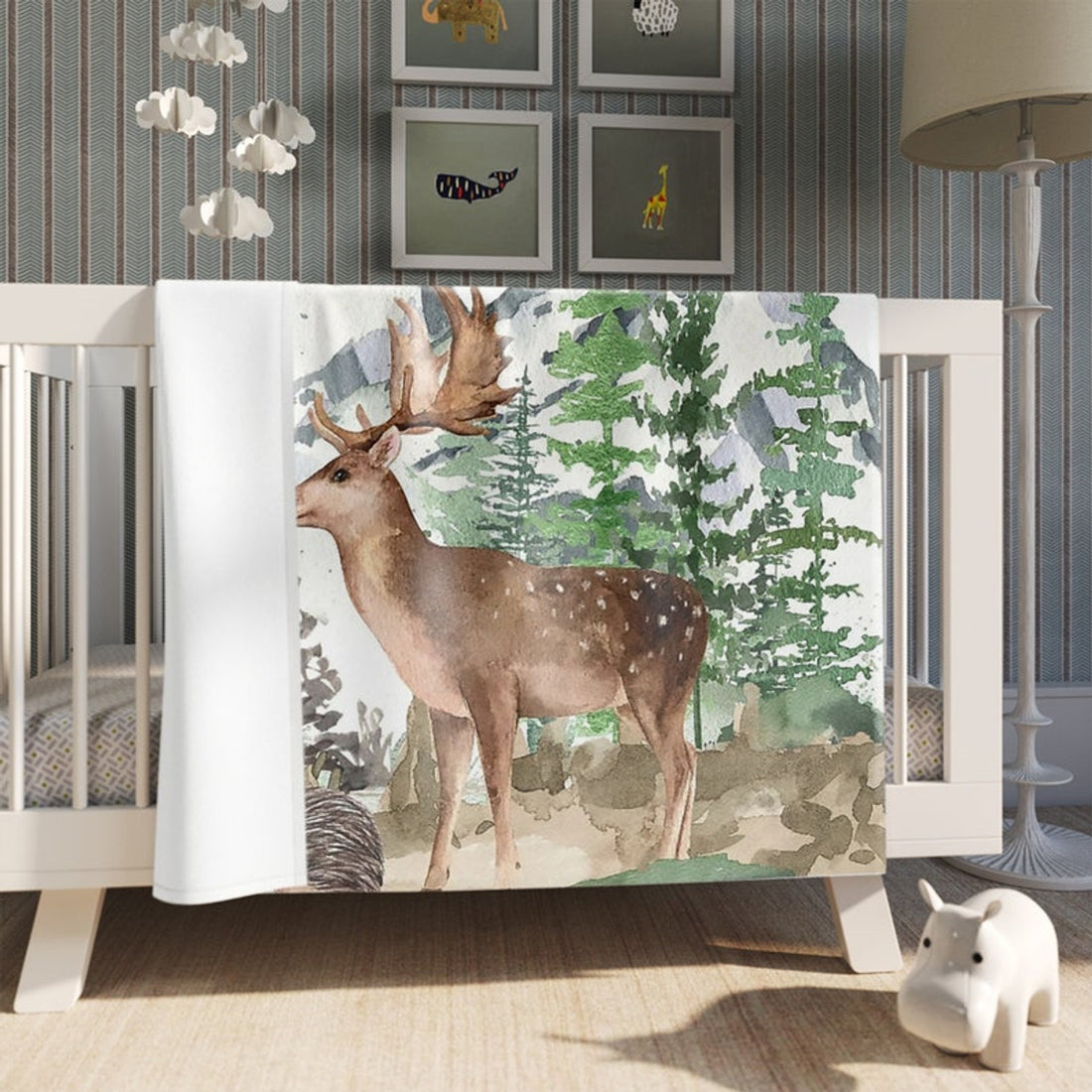 FUNSTUFFPRINT Custom  Woodland Reindeer Nursery Blanket, Personalized Baby Deer Blanket, Forest Animal Baby Blanket Kids Custom Name Blanket Baby Shower Gift