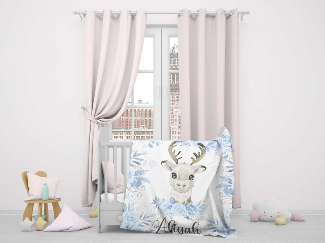 FUNSTUFFPRINT Custom  Reindeer Nursery Blanket Personalized Baby Deer Blanket Arctic Animal Baby Blanket Kids Custom Name Blanket Winter Floral Baby Shower Gift