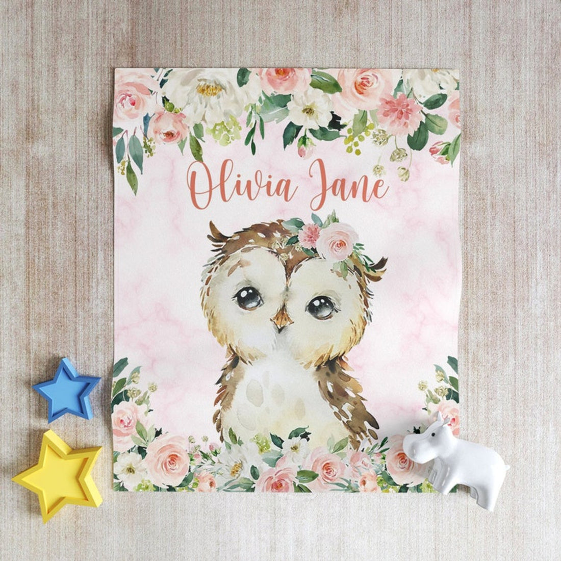 FUNSTUFFPRINT Custom  Pink Floral Owl Nursery Blanket, Personalized Baby Owl Blanket, Rose Flowers Girl Room Decor, Kids Custom Name Blanket, Baby Shower Gift