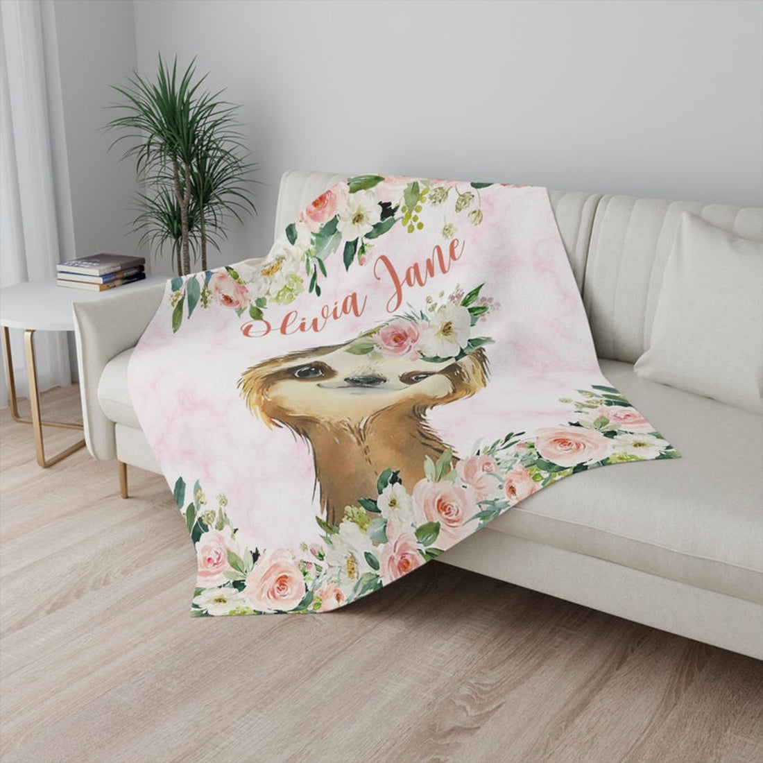 FUNSTUFFPRINT Custom  Pink Floral Nursery Blanket, Personalized Baby Sloth Blanket, Rose Flowers Girl Blanket, Kids Custom Name Blanket, Baby Shower Gift