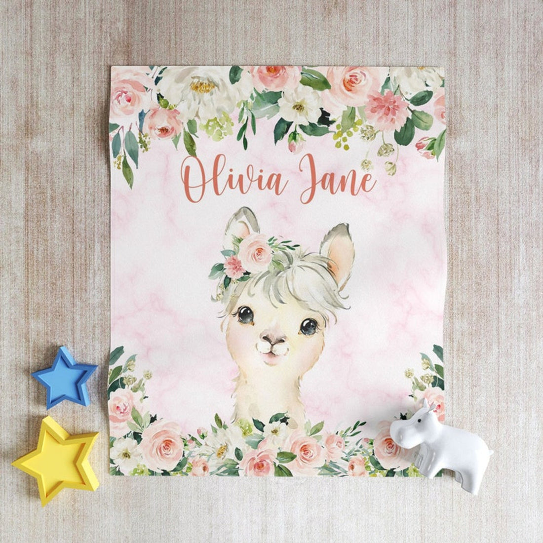 FUNSTUFFPRINT Custom  Baby Blanket, Pink Floral Llama Nursery Blanket, Rose Flowers Little Girl Blanket, Baby Shower Gift, Kids Custom Name Blanket