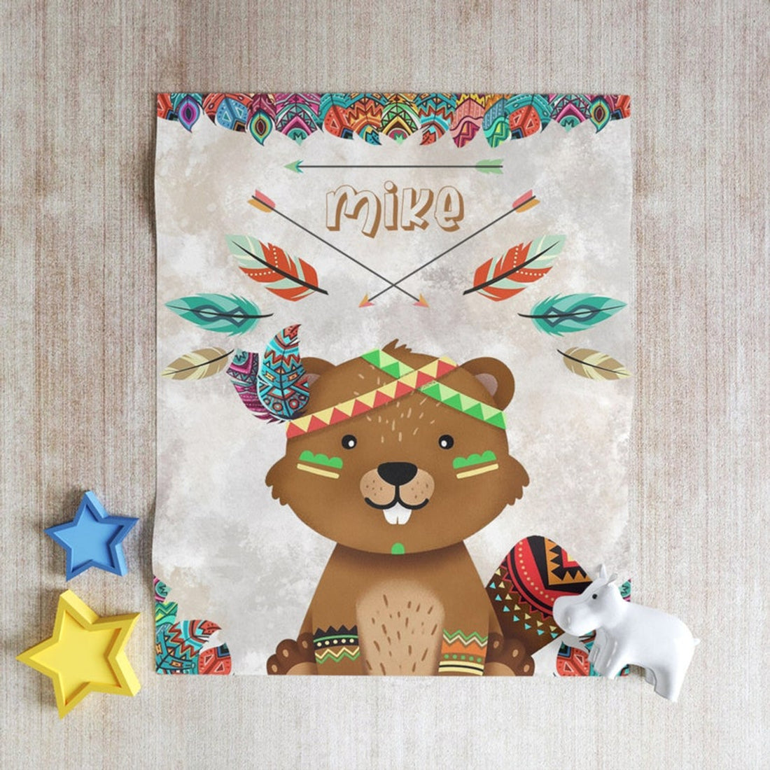 FUNSTUFFPRINT Custom  Boho Beaver Nursery Blanket, Personalized Baby Boy Blanket, Woodland Forest Toddler Blanket Custom Name Kids Blanket Safari Baby Shower Gift