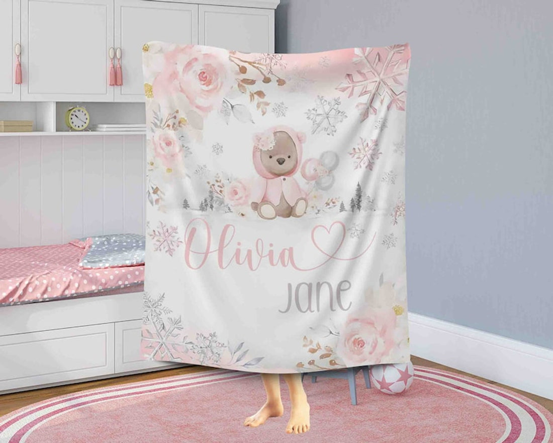 FUNSTUFFPRINT Custom  Floral Teddy Bear Baby Blanket, Winter Snow Nursery Blanket, Xmas Baby Girl Blanket, Personalized First Christmas Gift, Kids Name Blanket