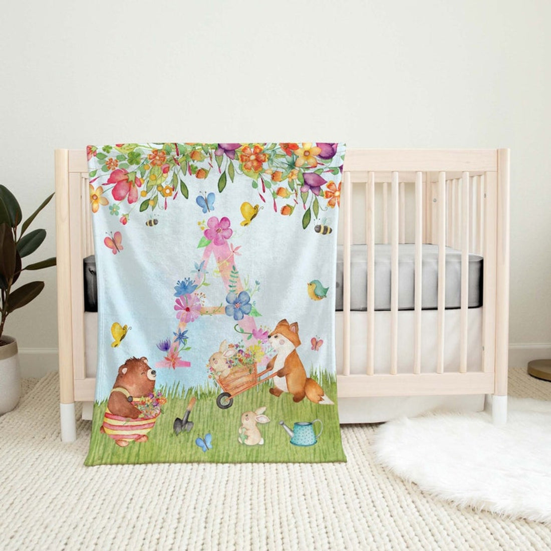 FUNSTUFFPRINT Custom  Floral Alphabet Blanket, Farm Animal Baby Blanket, Spring Flowers Nursery Blanket, Personalized Baby Shower Gift, Kids Birthday Present