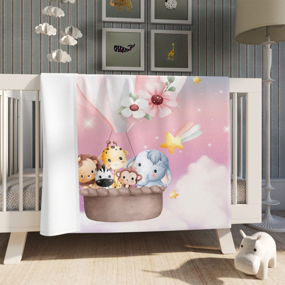 FUNSTUFFPRINT Custom Baby Animal Blanket, Safari Nursery Blanket, First Christmas Baby Blanket, Kids Custom Blanket Hot Air Balloon Baby Shower Gift