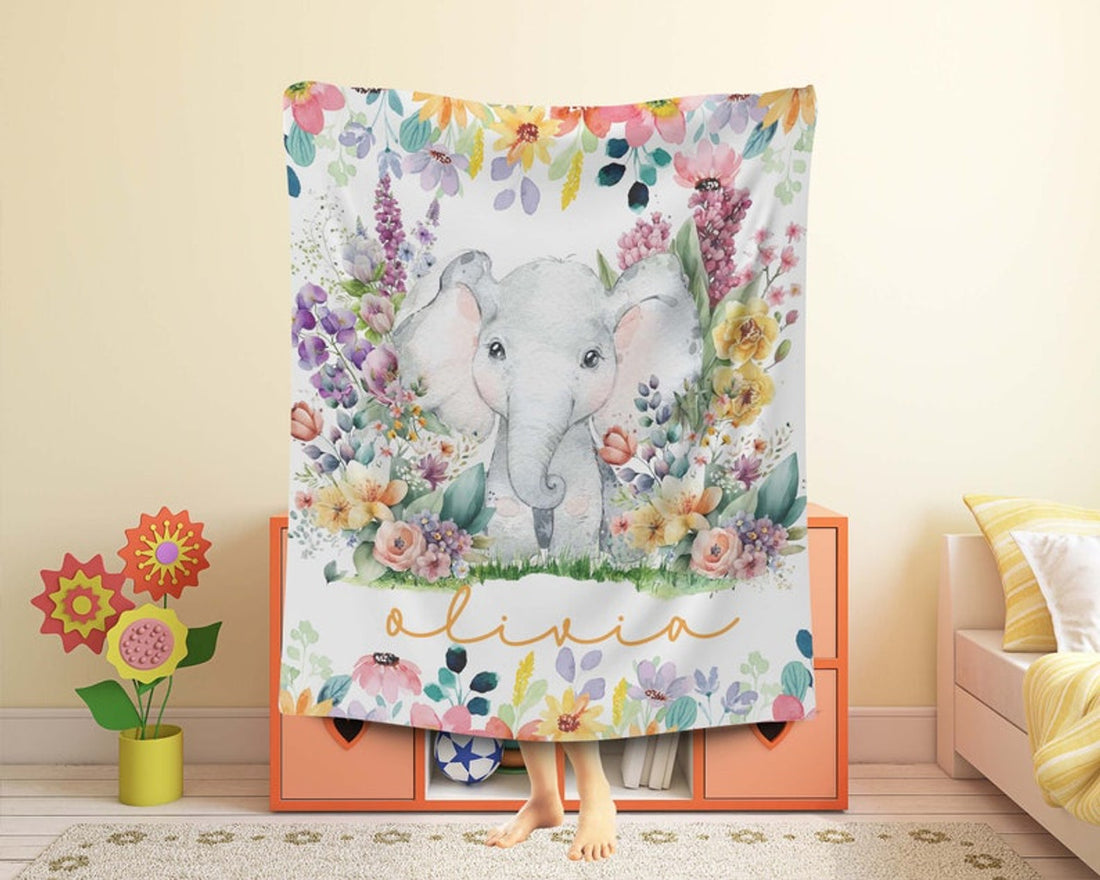 FUNSTUFFPRINT Custom  Little Elephant Baby Blanket, Colorful Floral Nursery Blanket, Personalized Safari Animal Blanket, Kids Custom Name Blanket Baby Shower Gift
