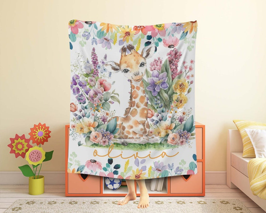FUNSTUFFPRINT Custom  Little Giraffe Baby Blanket, Colorful Floral Nursery Blanket, Personalized Jungle Animal Blanket, Kids Custom Name Blanket Baby Shower Gift