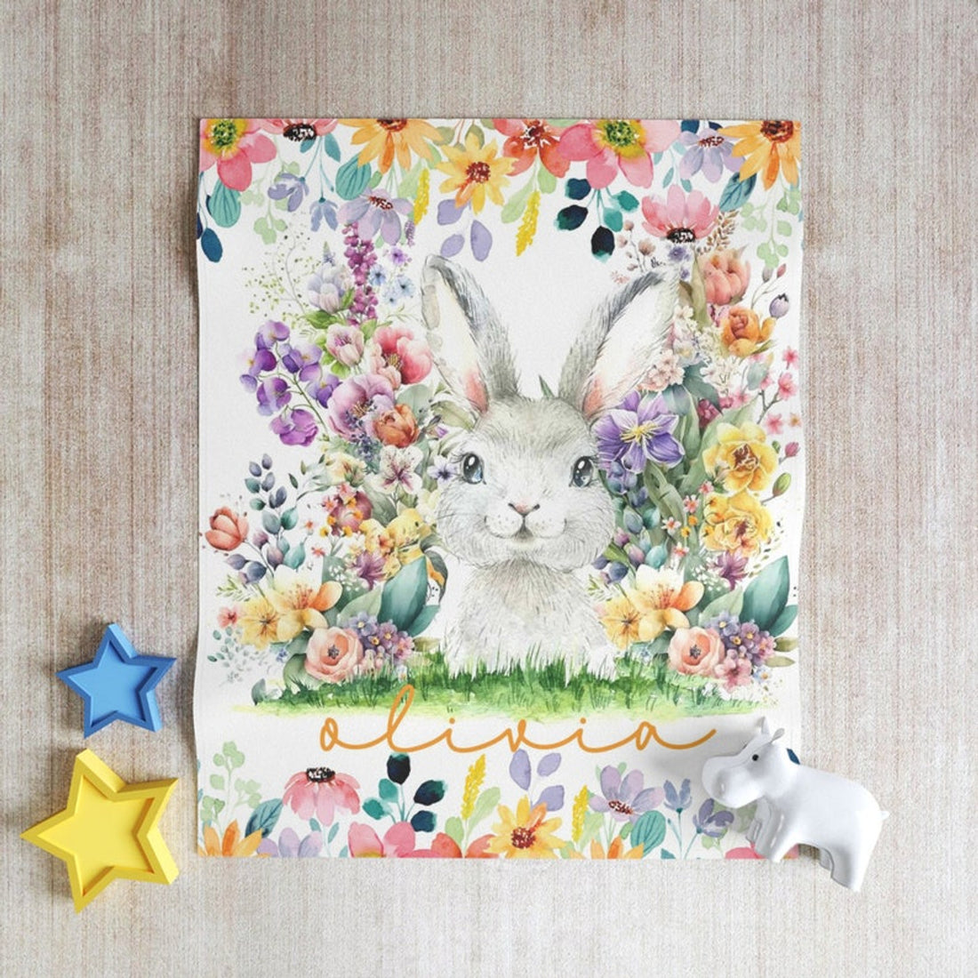 FUNSTUFFPRINT Custom  Little Bunny Baby Blanket, Colorful Floral Nursery Blanket, Personalized Farm Animal Blanket, Kids Custom Name Blanket, Baby Shower Gift