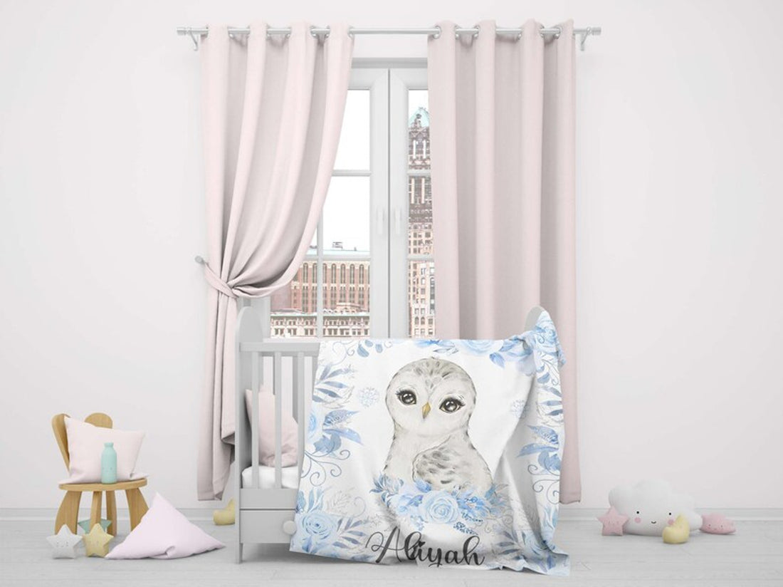 FUNSTUFFPRINT Custom  Snowy Owl Baby Blanket Personalized Baby Owl Blanket Arctic Animal Nursery Blanket Kids Custom Name Blanket Winter Floral Baby Shower Gift