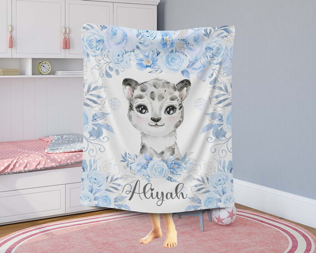 FUNSTUFFPRINT Custom  Snow Leopard Baby Blanket Personalized Baby Leopard Blanket Arctic Animal Nursery Blanket Kids Name Blanket Winter Floral Baby Shower Gift