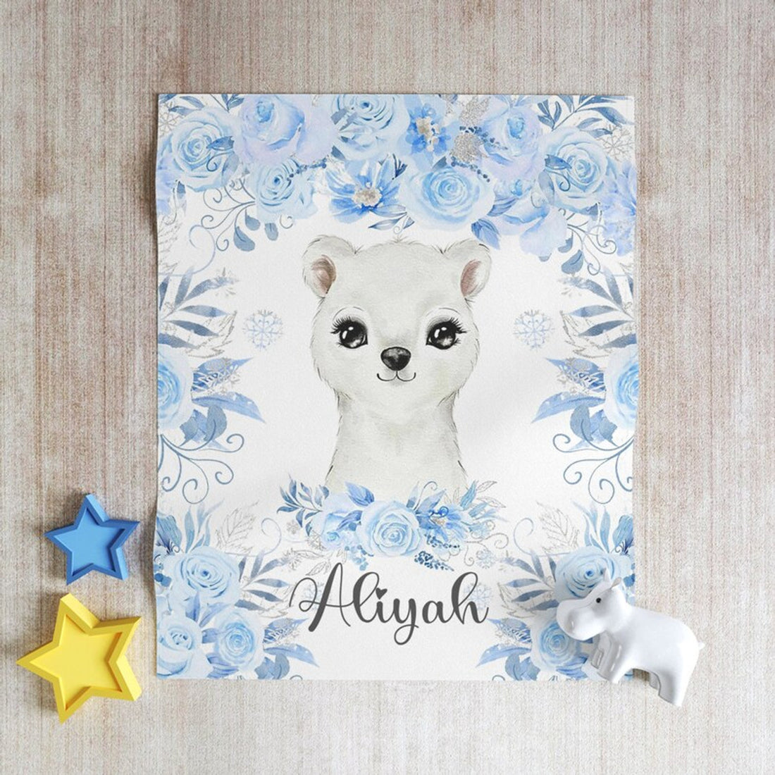 FUNSTUFFPRINT Custom  Polar Bear Baby Blanket Personalized Baby Bear Blanket Arctic Animal Nursery Blanket Kids Custom Name Blanket Winter Floral Baby Shower Gift