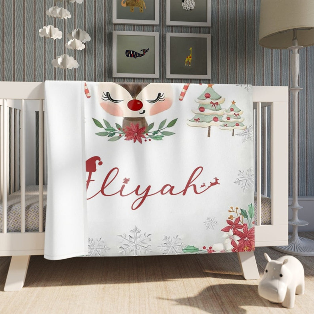 FUNSTUFFPRINT Custom  First Christmas Baby Blanket, Winter Reindeer Nursery Blanket, Xmas Baby Girl Blanket, Personalized Baby Shower Gift, Kids Name Blanket