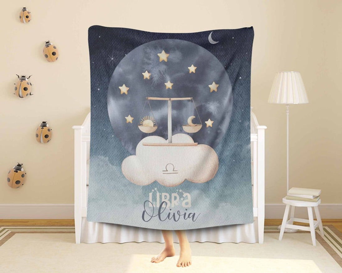 FUNSTUFFPRINT Custom  Libra Zodiac Nursery Blanket Personalized Horoscope Baby Blanket Birthday Gift Celestial Blanket Kids Custom Name Blanket Baby Shower Gift