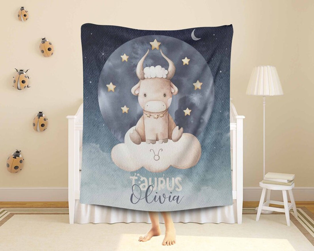 FUNSTUFFPRINT Custom  Taurus Zodiac Nursery Blanket Personalized Horoscope Baby Blanket Birthday Gift Celestial Blanket Kids Custom Name Blanket Baby Shower Gift