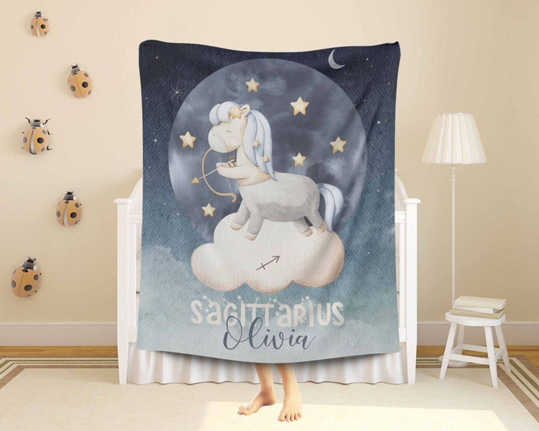 FUNSTUFFPRINT Custom  Sagittarius Zodiac Nursery Blanket Personalized Horoscope Baby Blanket Birthday Gift Celestial Blanket Kids Custom Name Baby Shower Gift