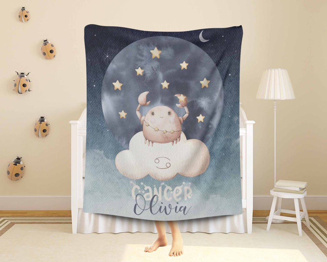 FUNSTUFFPRINT Custom  Cancer Zodiac Nursery Blanket Personalized Horoscope Baby Blanket Birthday Gift Celestial Blanket Kids Custom Name Blanket Baby Shower Gift