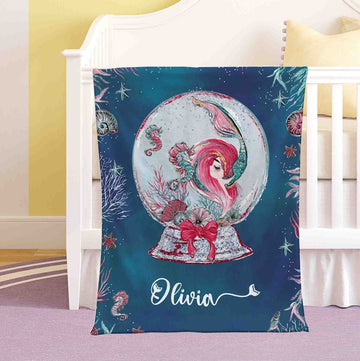 FUNSTUFFPRINT Custom  Little Mermaid Nursery Blanket Personalized Snow Globe Blanket Baby Mermaid Kids Custom Name Blanket Ocean Baby Shower Gift Christmas Throw