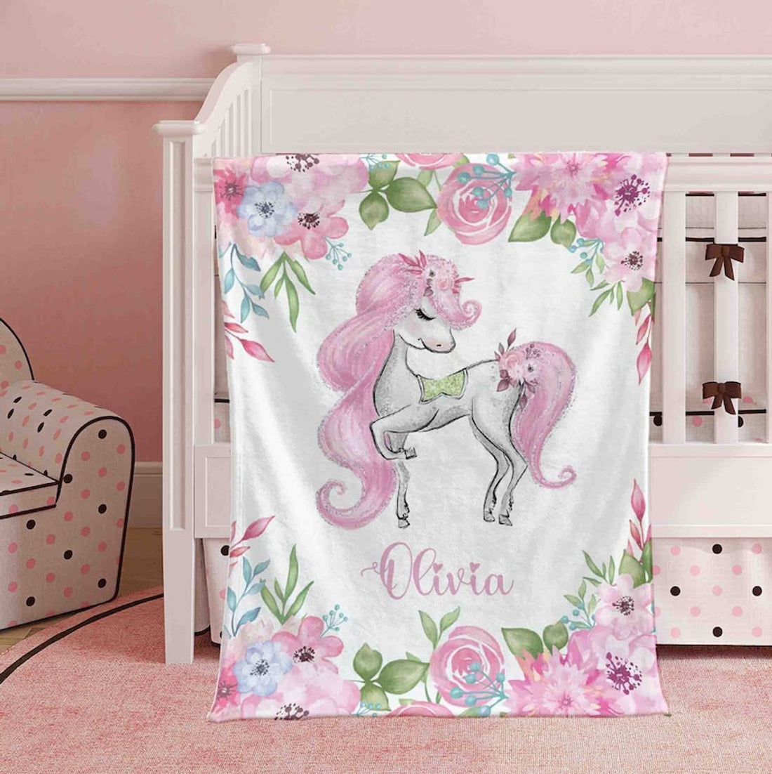 FUNSTUFFPRINT Custom  Baby Unicorn Blanket Personalized Christmas Nursery Blanket Little Unicorn Kids Custom Name Blanket Spring Floral Baby Shower Gift For Girls