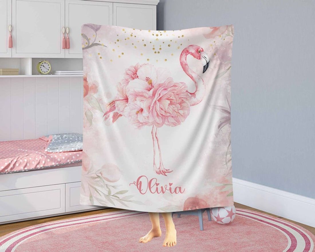 FUNSTUFFPRINT Custom  Floral Flamingo Blanket Personalized Christmas Nursery Blanket Flowers Kids Custom Name Blanket Spring Floral Baby Shower Gift For Girls