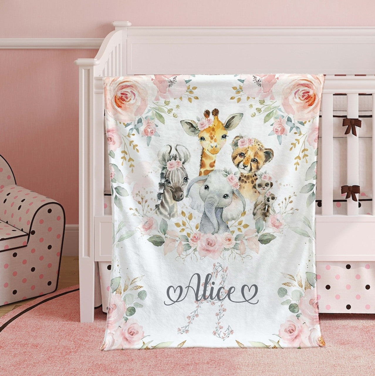 FUNSTUFFPRINT Custom   Safari Animal Nursery Blanket, Personalized Floral Animal Blanket, Rose Flowers Girl Room Decor Kids Custom Name Blanket Baby Shower Gift