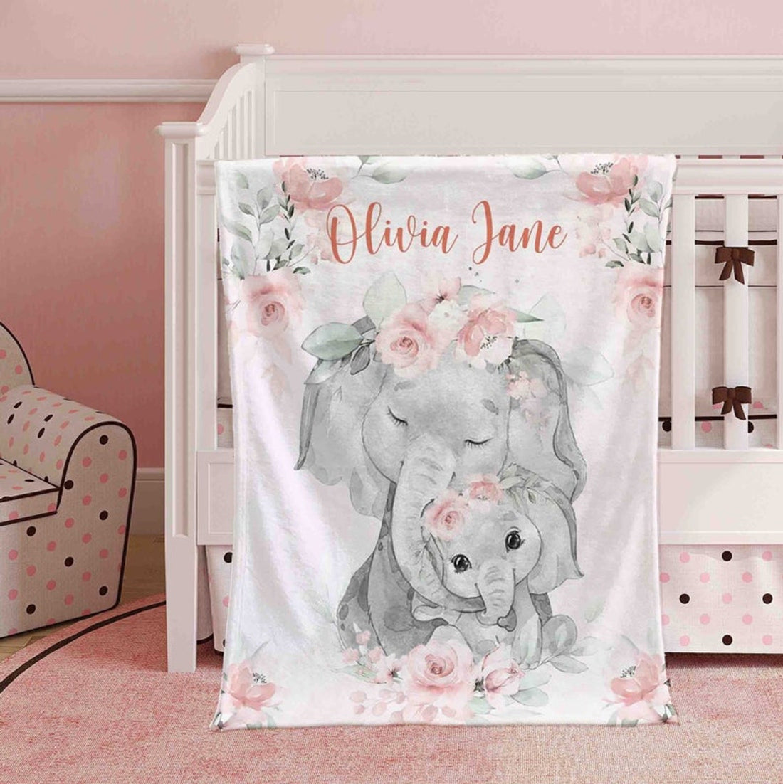 FUNSTUFFPRINT Custom  Mom And Baby Elephant Nursery Blanket, Personalized Floral Animal Blanket, Flowers Girl Room Decor Kids Custom Name Blanket Baby Shower Gift