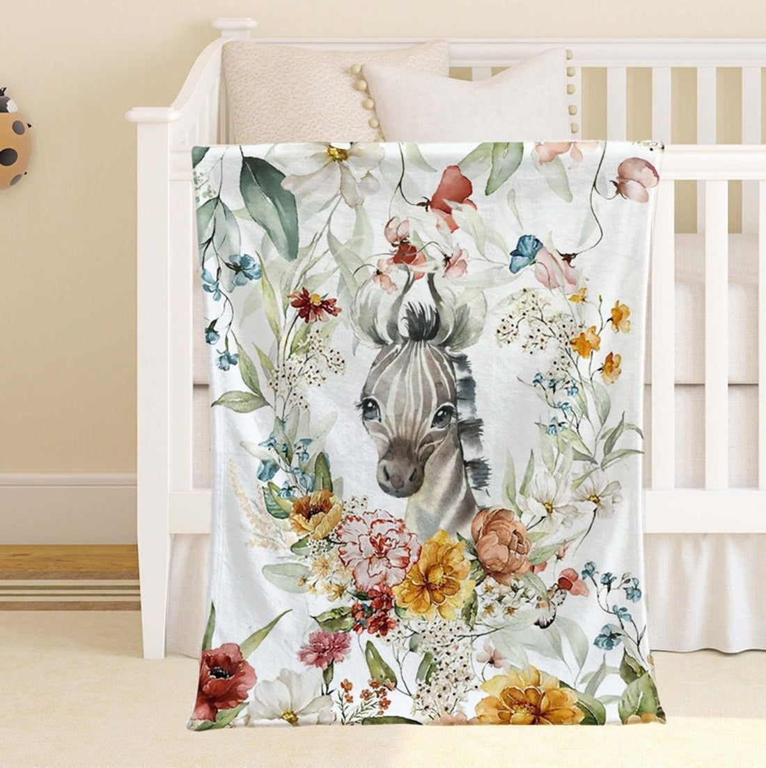 FUNSTUFFPRINT Custom  Spring Floral Zebra Nursery Blanket, Personalized Baby Animal Blanket, Jungle Baby Blanket Kids Custom Name Blanket Baby Shower Gift