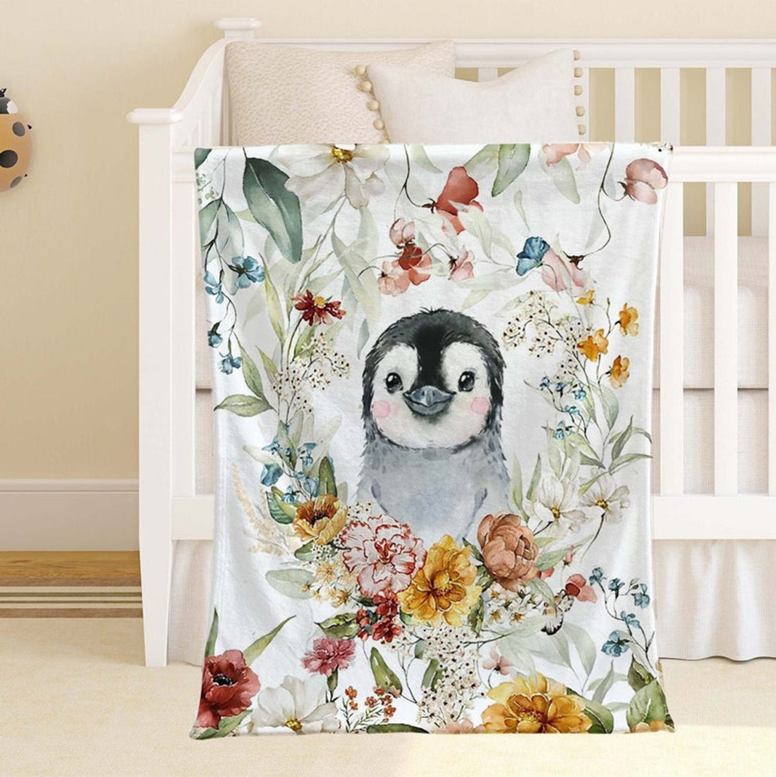FUNSTUFFPRINT Custom  Spring Floral Penguin Nursery Blanket, Personalized Baby Animal Blanket, Jungle Baby Blanket Kids Custom Name Blanket Baby Shower Gift