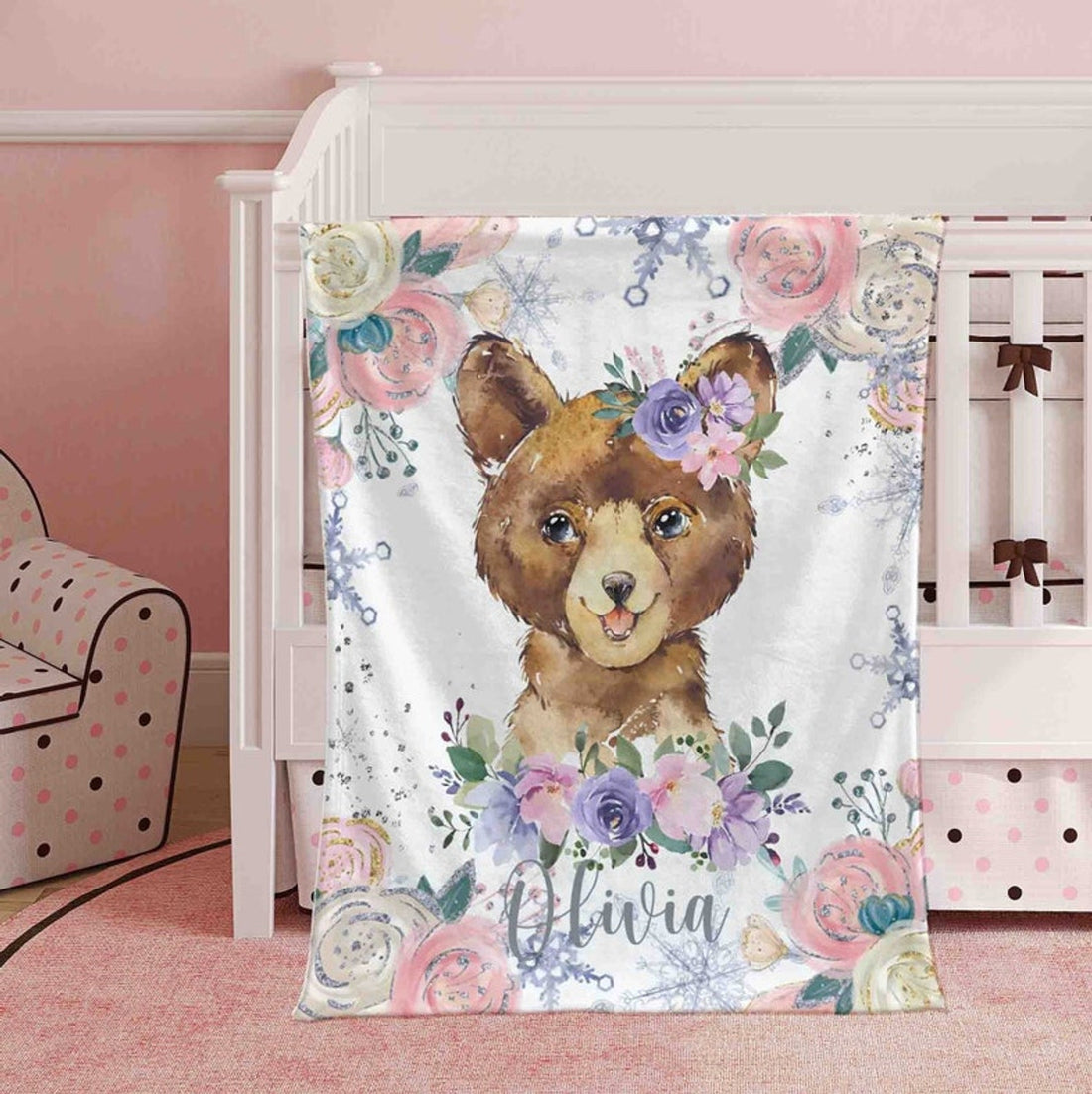 FUNSTUFFPRINT Custom  Woodland Bear Blanket, Winter Floral Animal Nursery Blanket, Christmas Baby Kids Custom Name Blanket, Forest Baby Shower Gift