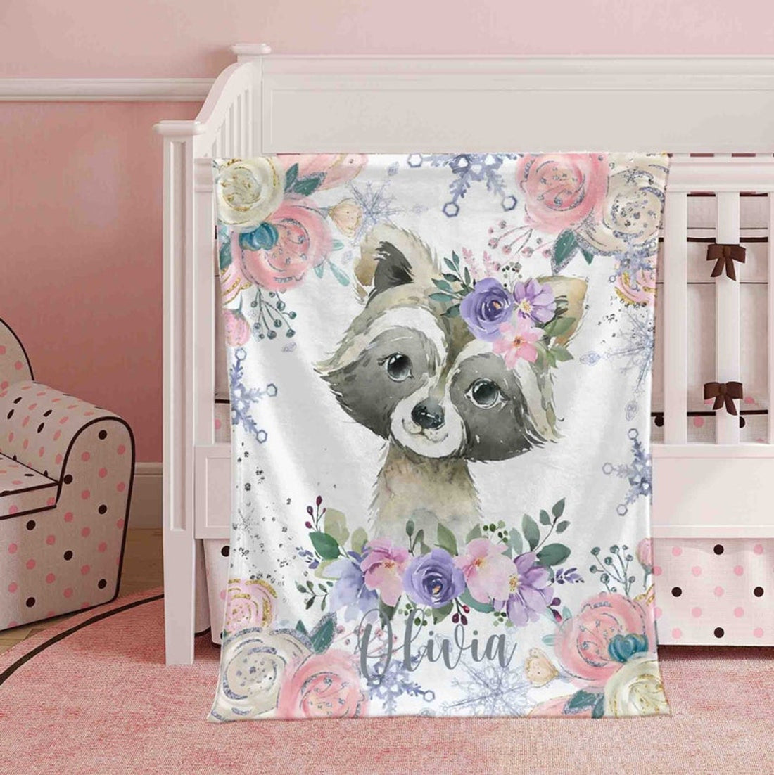 FUNSTUFFPRINT Custom  Winter Floral Raccoon Nursery Blanket, Personalized Baby Animal Blanket, Christmas Baby Kids Custom Name Blanket, Jungle Baby Shower Gift