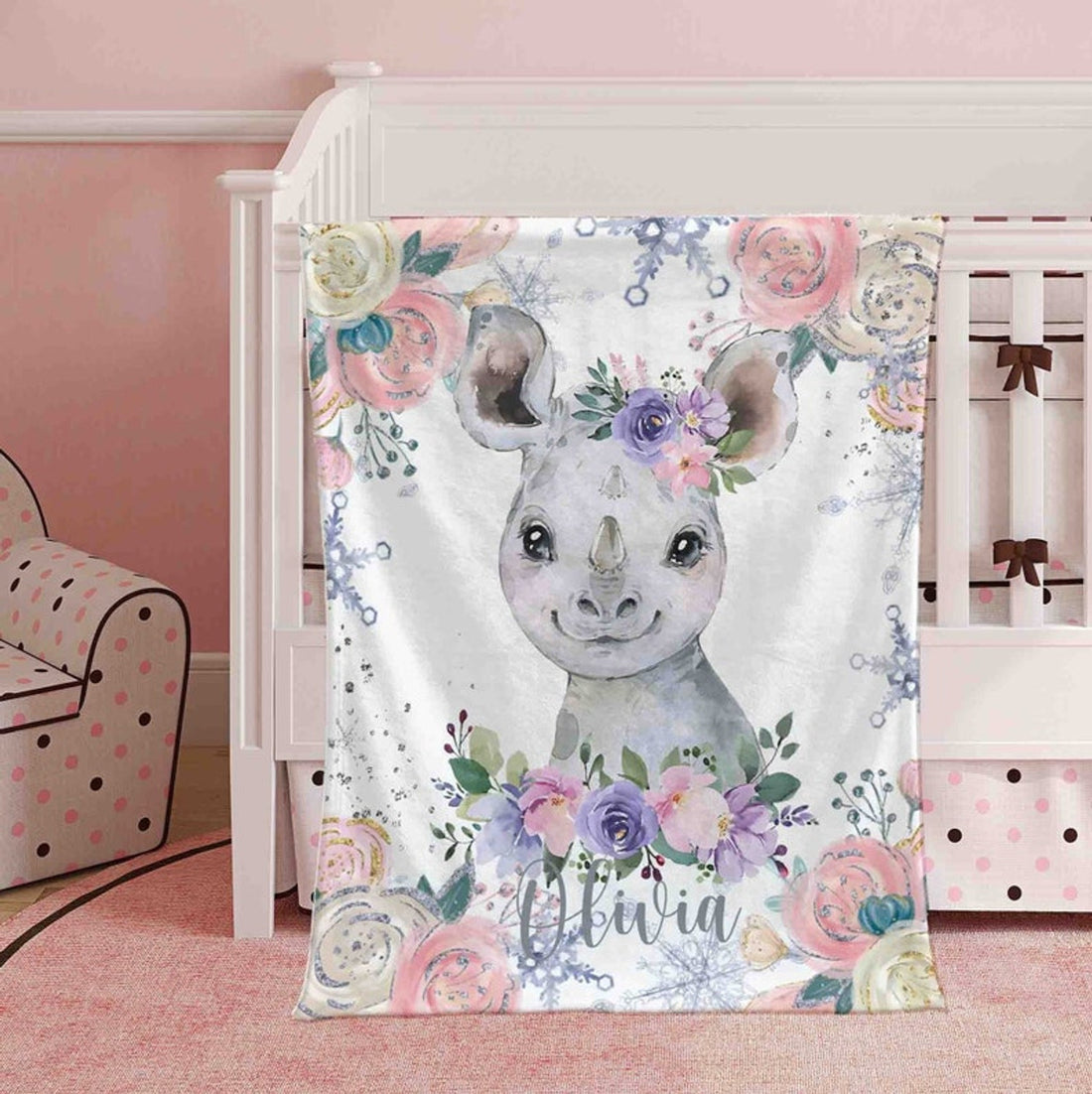 FUNSTUFFPRINT Custom  Winter Floral Rhino Nursery Blanket, Personalized Baby Rhino Blanket Christmas Baby Blanket Kids Custom Name Blanket Jungle Baby Shower Gift