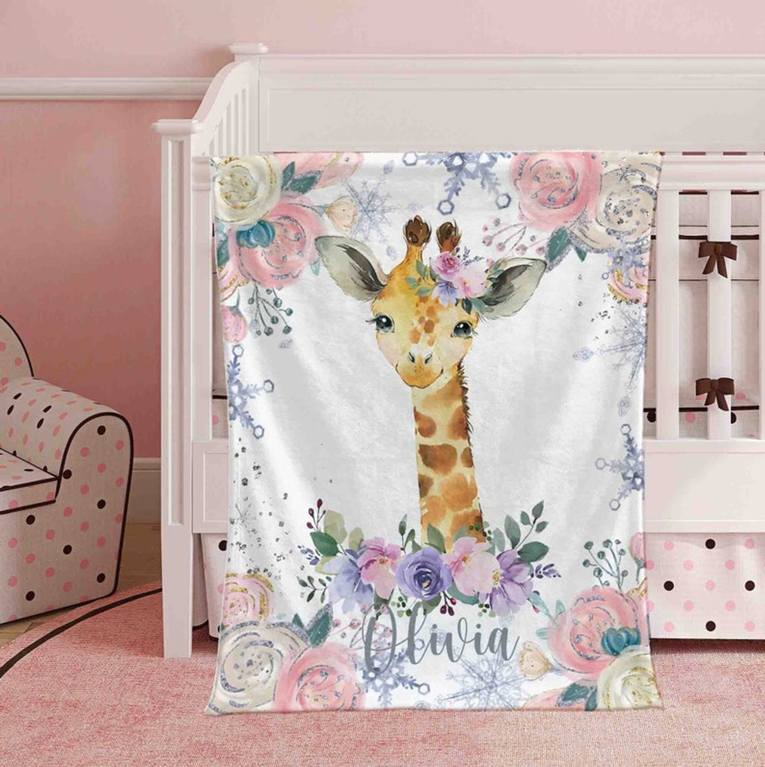FUNSTUFFPRINT Custom  Winter Floral Giraffe Nursery Blanket, Personalized Baby Giraffe Blanket, Christmas Baby Blanket Kids Custom Name Jungle Baby Shower Gift