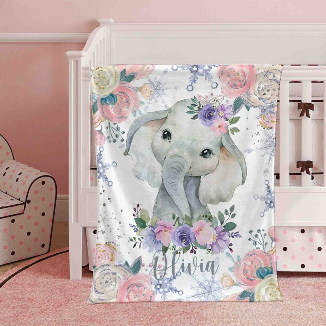 FUNSTUFFPRINT Custom  Winter Floral Elephant Nursery Blanket, Personalized Baby Animal Blanket, Christmas Baby Blanket Kids Custom Name Jungle Baby Shower Gift