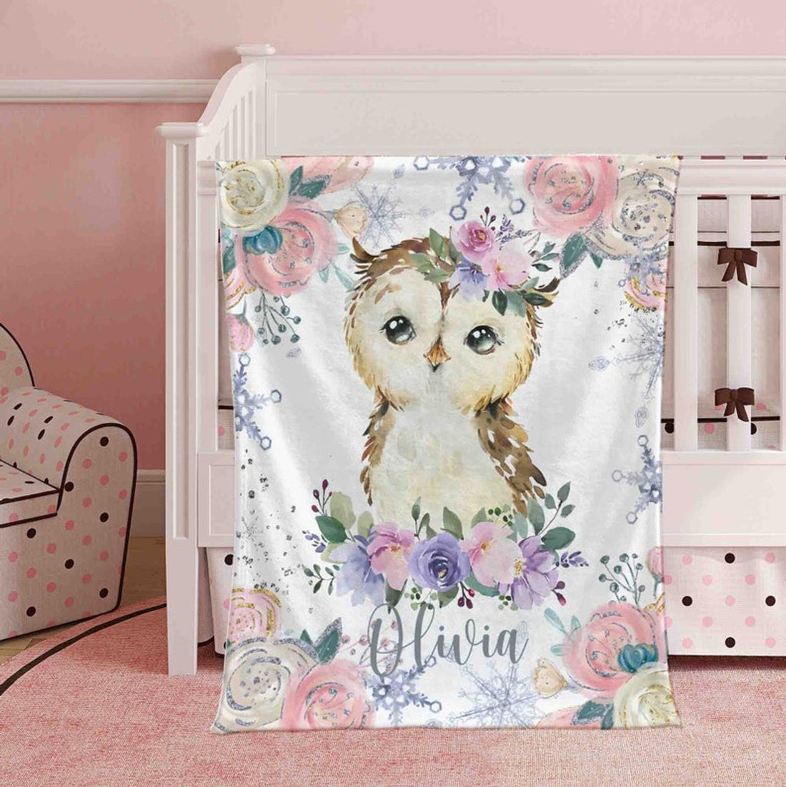 FUNSTUFFPRINT Custom  Winter Floral Owl Nursery Blanket, Personalized Baby Owl Blanket, Christmas Baby Blanket Kids Custom Name Blanket Jungle Baby Shower Gift