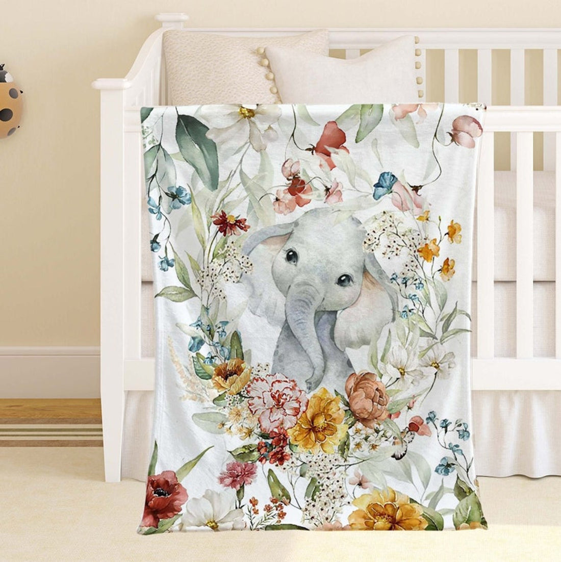 FUNSTUFFPRINT Custom  Spring Floral Animal Nursery Blanket, Personalized Baby Elephant Blanket, Jungle Baby Blanket Kids Custom Name Blanket Baby Shower Gift