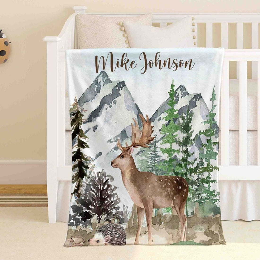 FUNSTUFFPRINT Custom  Woodland Reindeer Nursery Blanket, Personalized Baby Deer Blanket, Forest Animal Baby Blanket Kids Custom Name Blanket Baby Shower Gift