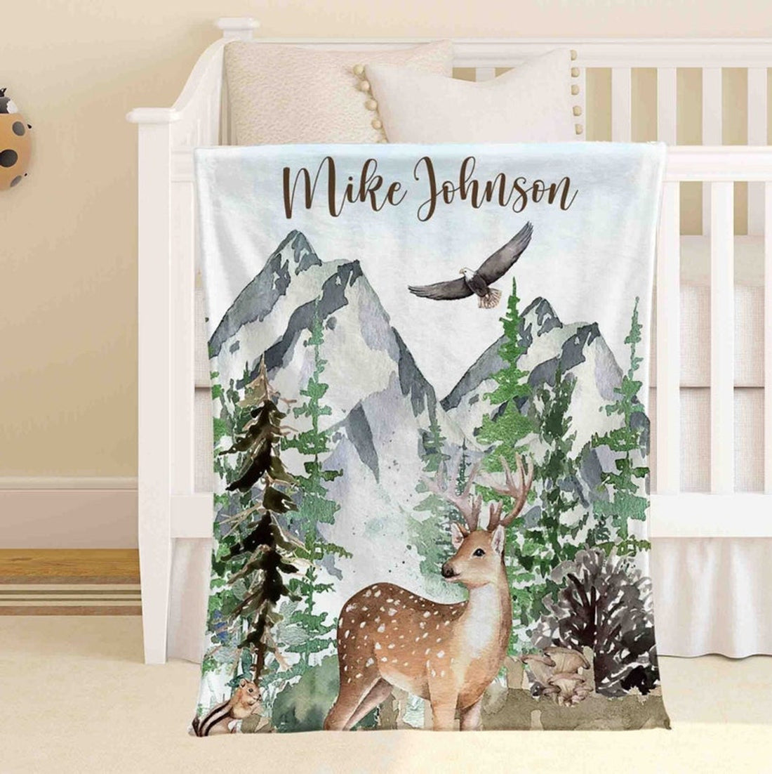 FUNSTUFFPRINT Custom  Woodland Deer Nursery Blanket, Personalized Baby Reindeer Blanket, Forest Animal Baby Blanket Kids Custom Name Blanket Baby Shower Gift