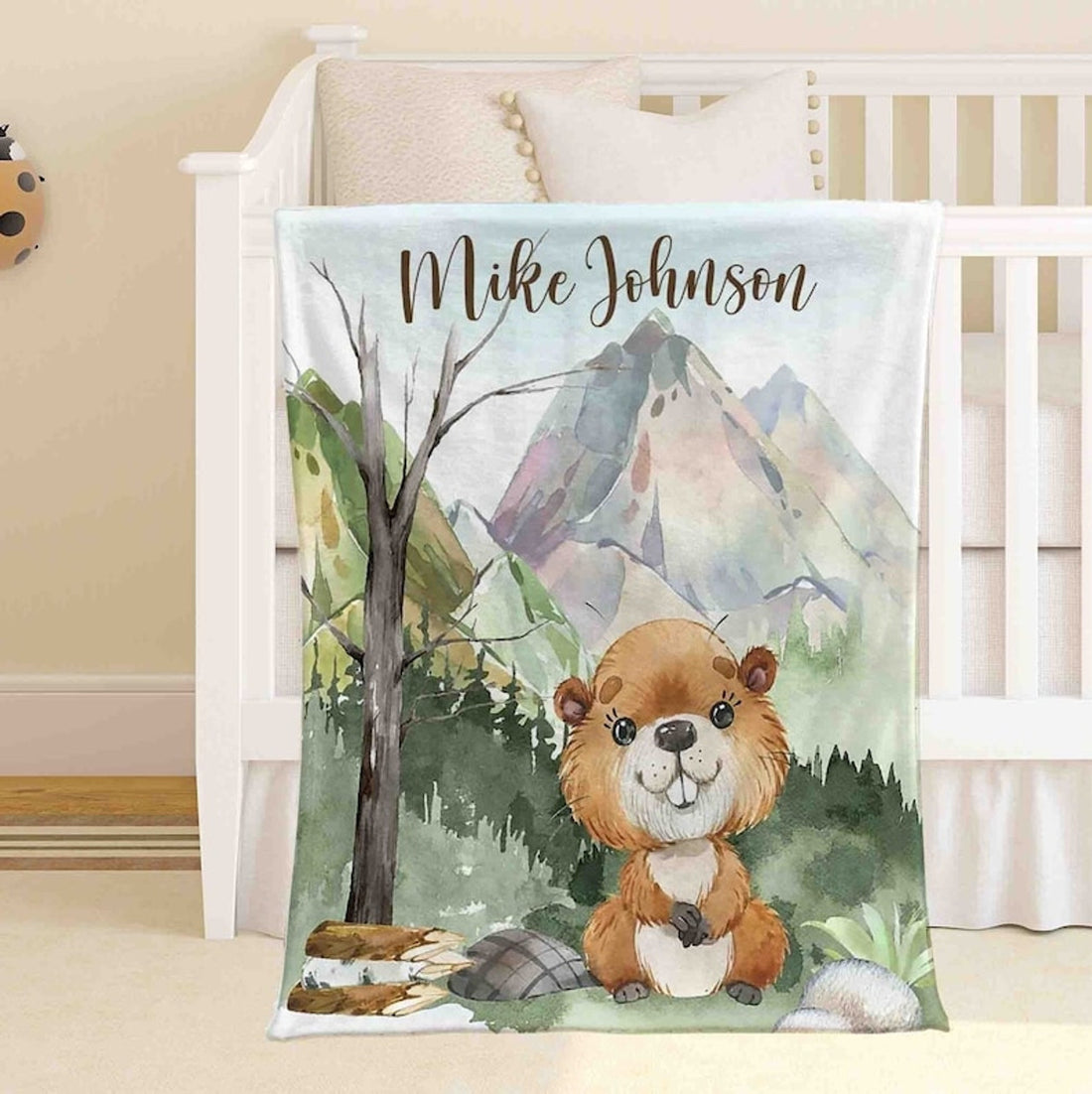 FUNSTUFFPRINT Custom  Little Beaver Nursery Blanket, Personalized Baby Gopher Blanket, Woodland Animal Baby Blanket Kids Custom Blanket Forest Baby Shower Gift