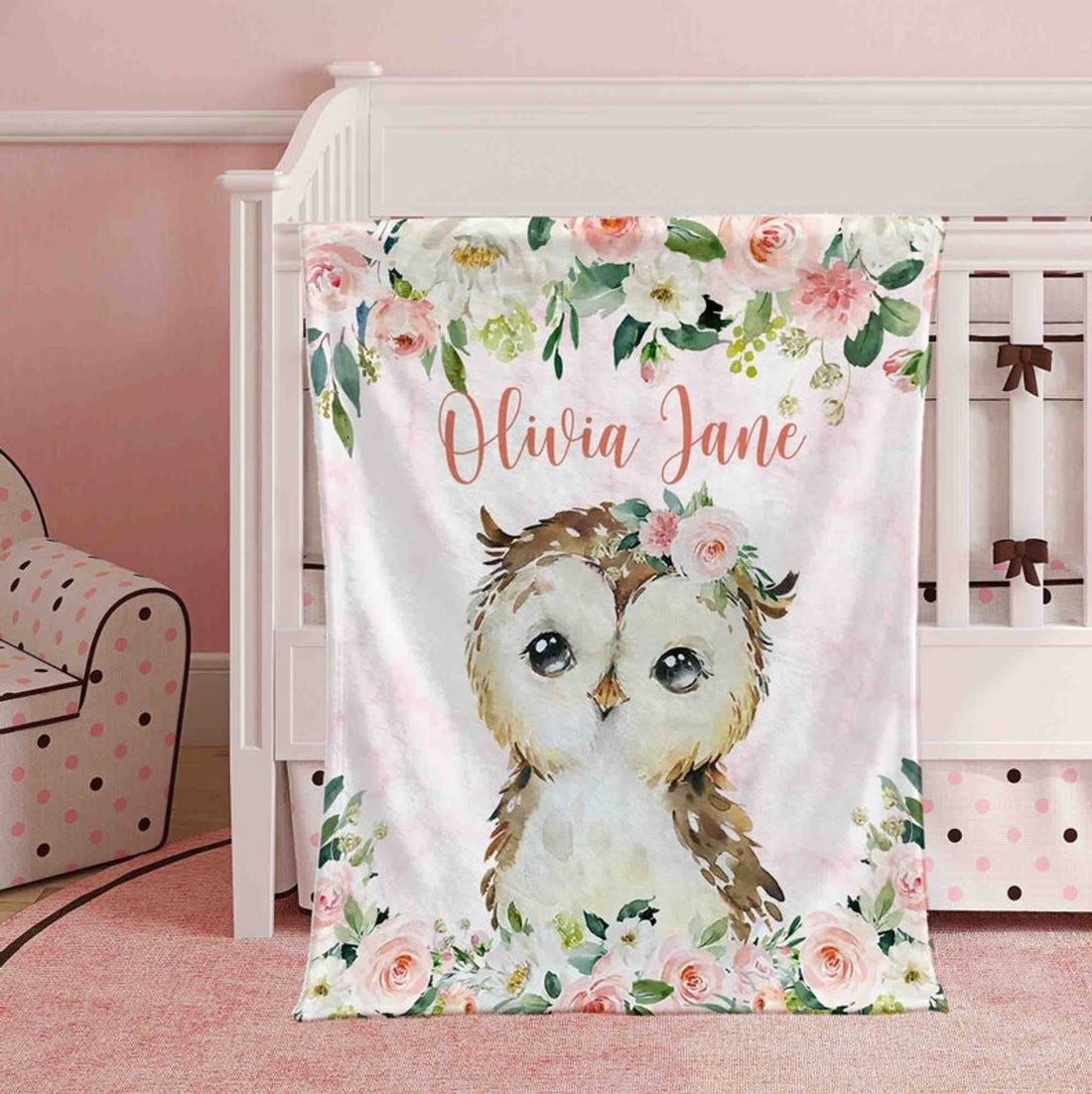FUNSTUFFPRINT Custom  Pink Floral Owl Nursery Blanket, Personalized Baby Owl Blanket, Rose Flowers Girl Room Decor, Kids Custom Name Blanket, Baby Shower Gift