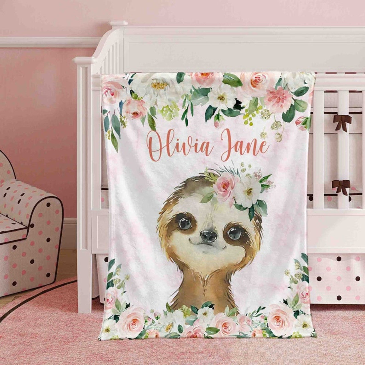 FUNSTUFFPRINT Custom  Pink Floral Sloth Nursery Blanket, Personalized Baby Sloth Blanket, Rose Flowers Girl Blanket, Kids Custom Name Blanket, Baby Shower Gift