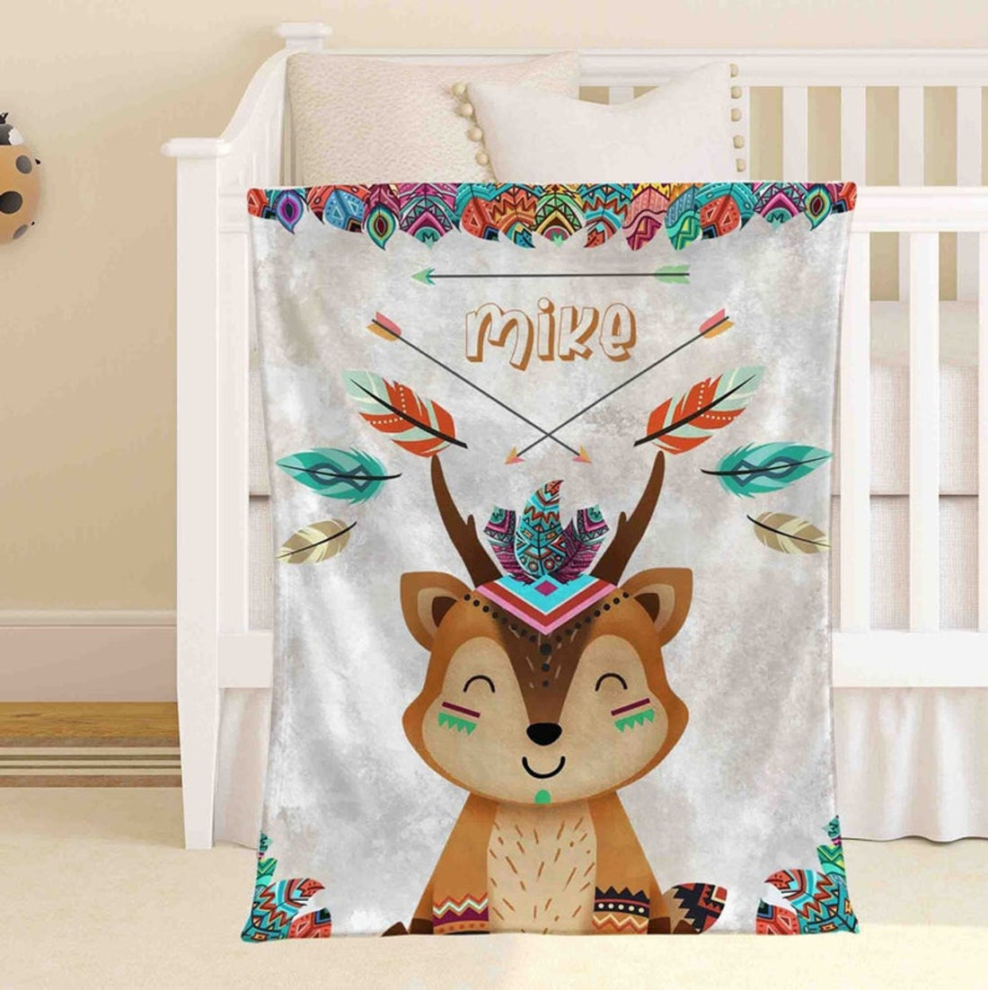 FUNSTUFFPRINT Custom  Boho Deer Nursery Blanket, Custom Kids Blanket, Personalized Baby Boy Blanket, Woodland Forest Toddler Blanket, Safari Baby Shower Gift