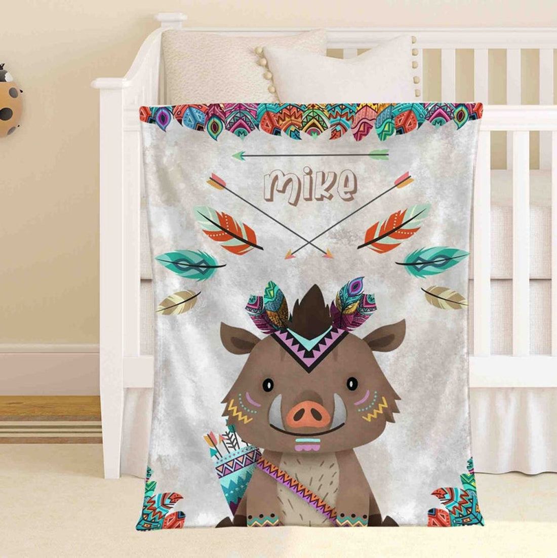 FUNSTUFFPRINT Custom  Boho Piggy Nursery Blanket, Personalized Baby Boy Blanket, Woodland Forest Toddler Blanket, Custom Kids Blanket, Safari Baby Shower Gift