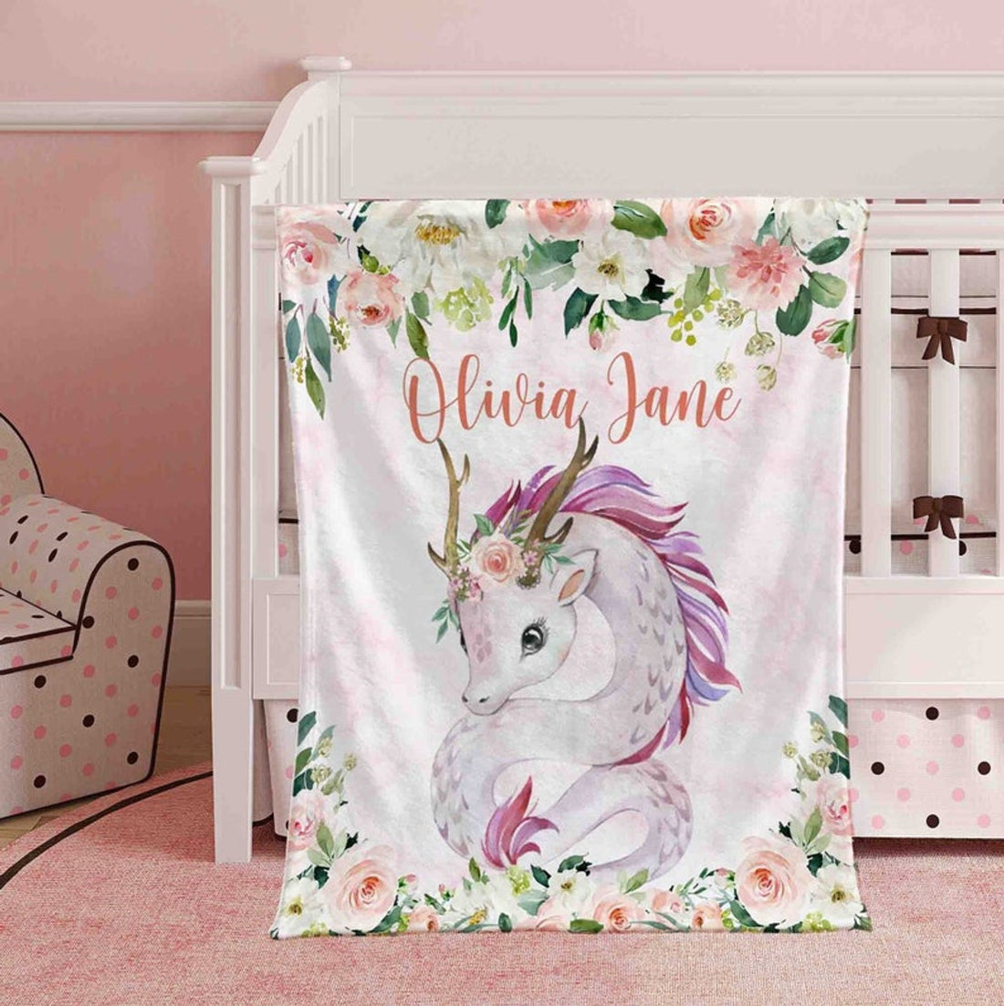 FUNSTUFFPRINT Custom  Pink Floral Dragon Nursery Blanket, Baby Dragon Blanket, Rose Flowers Girl Blanket, Personalized Baby Shower Gift, Kids Custom Name Blanket