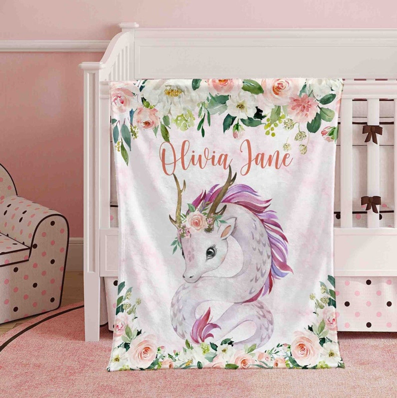 FUNSTUFFPRINT Custom  Pink Floral Dragon Nursery Blanket, Baby Dragon Blanket, Rose Flowers Girl Blanket, Personalized Baby Shower Gift, Kids Custom Name Blanket