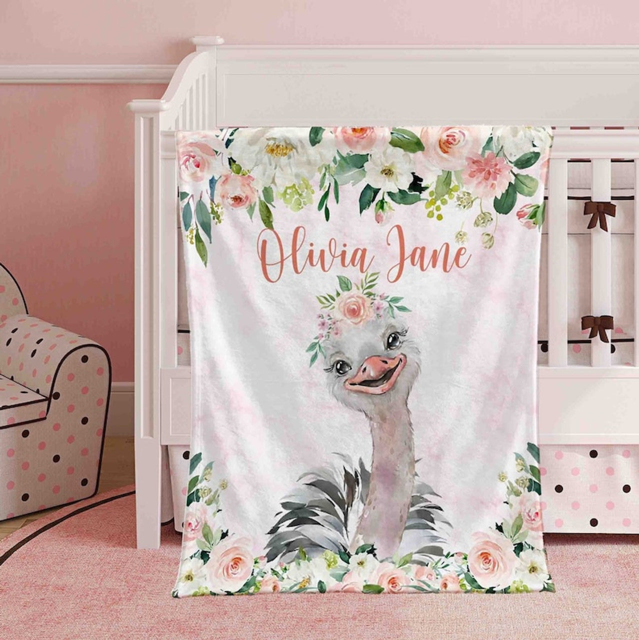 FUNSTUFFPRINT Custom  Baby Ostrich Blanket, Pink Floral Ostrich Nursery Blanket, Rose Flowers Girl Blanket, Personalized Baby Shower Gift Kids Custom Name Blanket
