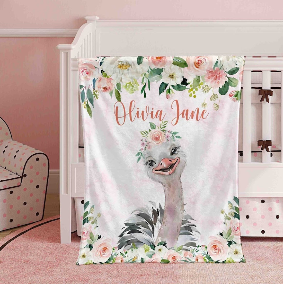 FUNSTUFFPRINT Custom  Baby Ostrich Blanket, Pink Floral Ostrich Nursery Blanket, Rose Flowers Girl Blanket, Personalized Baby Shower Gift Kids Custom Name Blanket