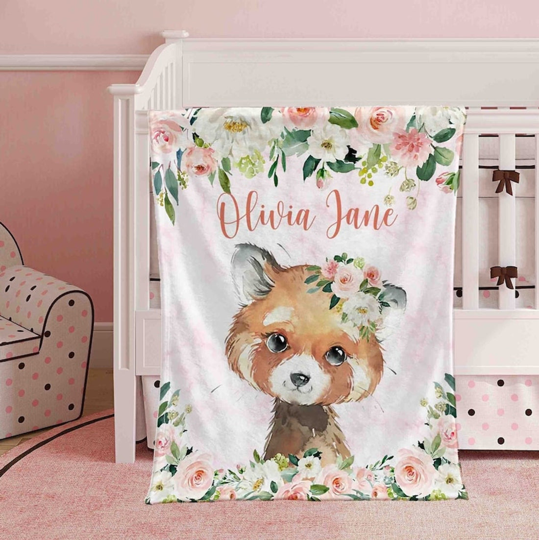 FUNSTUFFPRINT Custom  Baby Red Panda Blanket, Pink Floral Panda Nursery Blanket, Rose Flowers Girl Blanket, Baby Shower Gift, Kids Custom Blanket